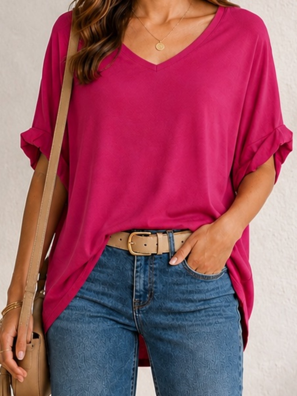 Lush Fuchsia V-Neck Short Sleeve Tunic